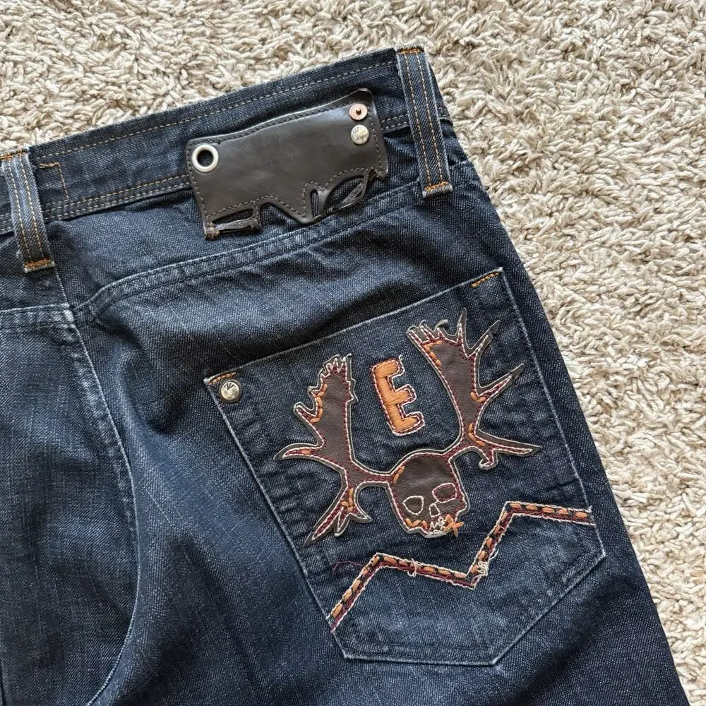 Vintage Energie Jeans Y2K Blue Denim Jeans Skull Embroidered Streetwear Size 34